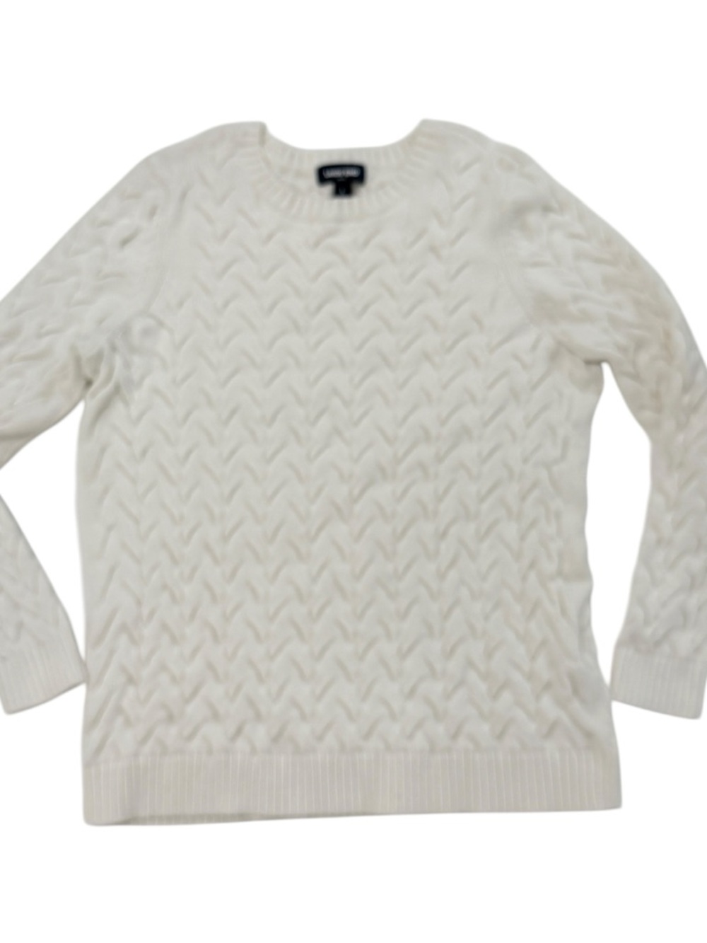 Lands End White Cable Knit Sweater Pullover Coastal Preppy Tennis Club L